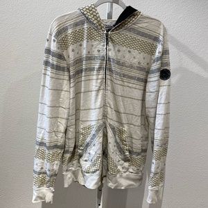Quiksilver Full Zip Hooded Sweatshirt Medium White Brown Stripe Pattern